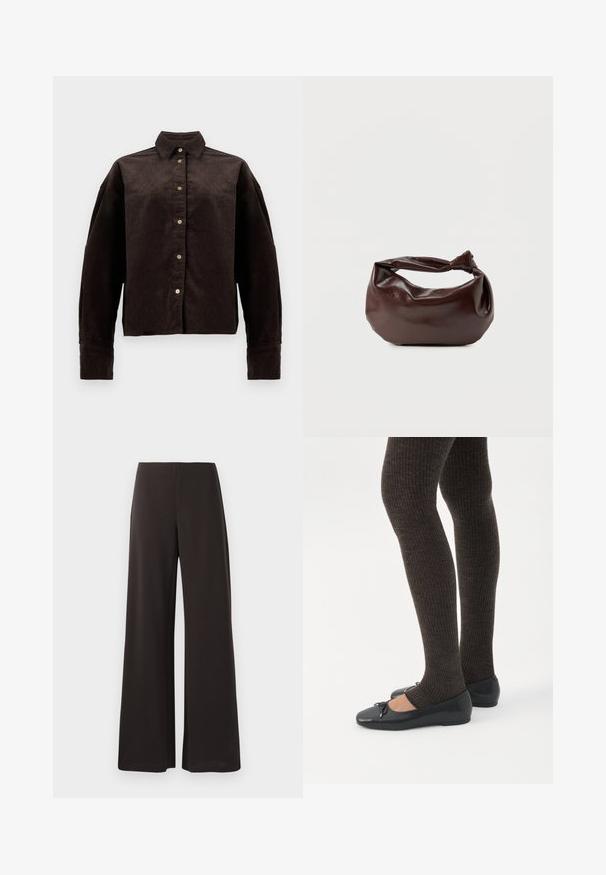 Camisa de pana marrón con cuello de camisa, botones en la parte frontal y mangas largas. Presenta una tela texturizada y un ajuste ligeramente oversize.; Pantalones de pierna ancha negros, hechos de una tela suave y elástica. Presentan una cintura alta y un diseño limpio y minimalista sin cierres visibles.; Piernas con leggings oscuros acanalados combinados con bailarinas negras que presentan pequeños detalles de lazo sobre un fondo blanco.; Bolso de hombro de cuero marrón oscuro con una forma suave y caída, y un asa con nudo torcido sobre un fondo blanco liso.