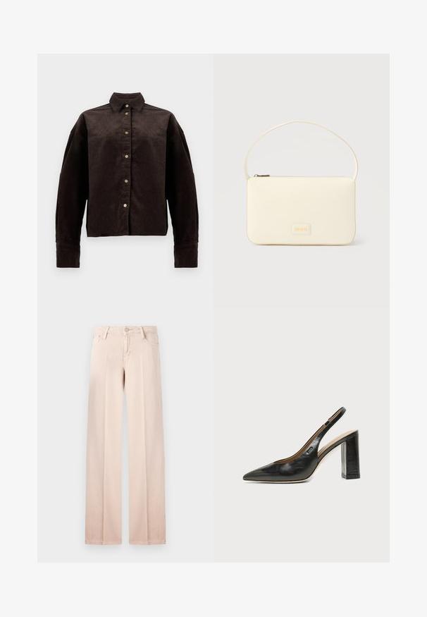 Brun fløjlsskjorte med krave, frontknapper og lange ærmer. Har et struktureret stof og en let oversized pasform.; Beige bredde ben jeans i en glat bomuldsblanding, fem-lomme design, bæltestropper og en knaplukning. Minimalistisk stil og lys farve.; Sort læder peep-toe slingback sko med blokhæl og et lille logo på siden, sat mod en enkel hvid baggrund.; Kremfarvet rektangulær håndtaske med en enkelt rem og lynlås øverst, med en lille præget logo-plakette foran.