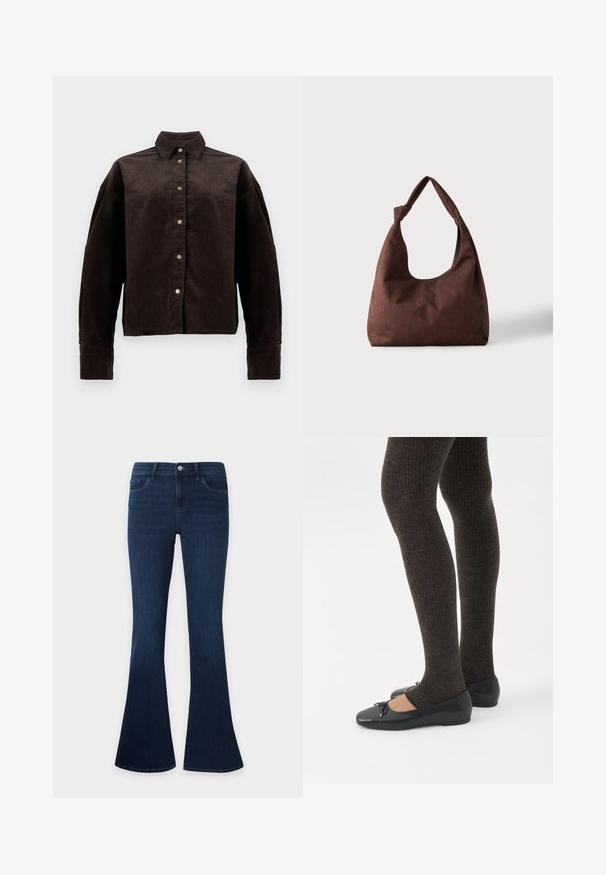 Brun fløjlsskjorte med krave, frontknapper og lange ærmer. Har et struktureret stof og en let oversized pasform.; Mørkeblå denimjeans med høj talje og flared ben, med forlommer, bæltestropper og knaplukning.; Ben iført mørke ribbede leggings kombineret med sorte balletsko med små sløjfedetaljer på hvid baggrund.; Brun tekstureret stofhåndtaske med et enkelt håndtag bundet i en knude, vist mod en ensfarvet lys baggrund.