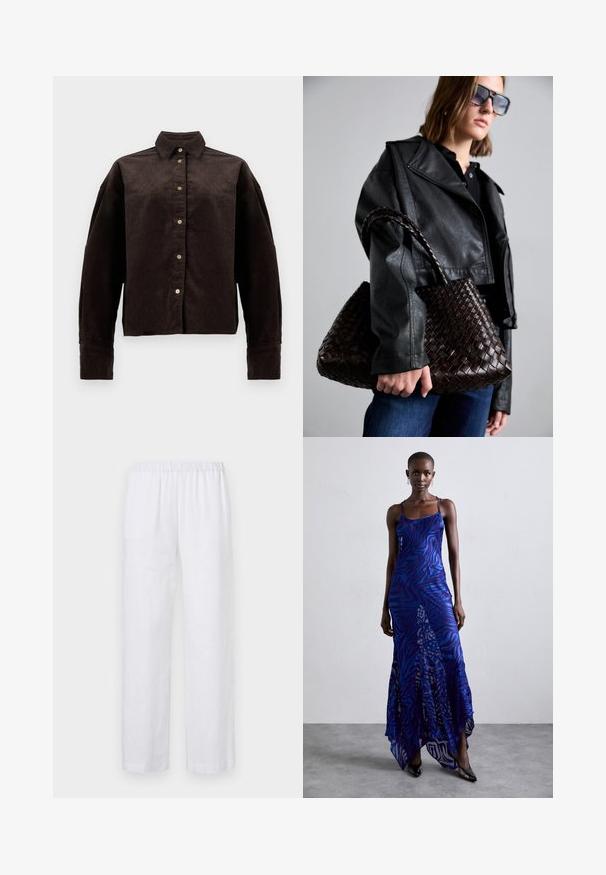 Brun fløjlsskjorte med krave, frontknapper og lange ærmer. Har et struktureret stof og en let oversized pasform.; ASPESI PANTALONE - Bukser - white; Blå og lilla dyreprint maxi kjole med tynde stropper, en tætsiddende bodice, flagrende kant og gennemsigtig overlay-detaljering.; DRAGON DIFFUSION SANTA CROCE BIG - Håndtasker - dark brown
