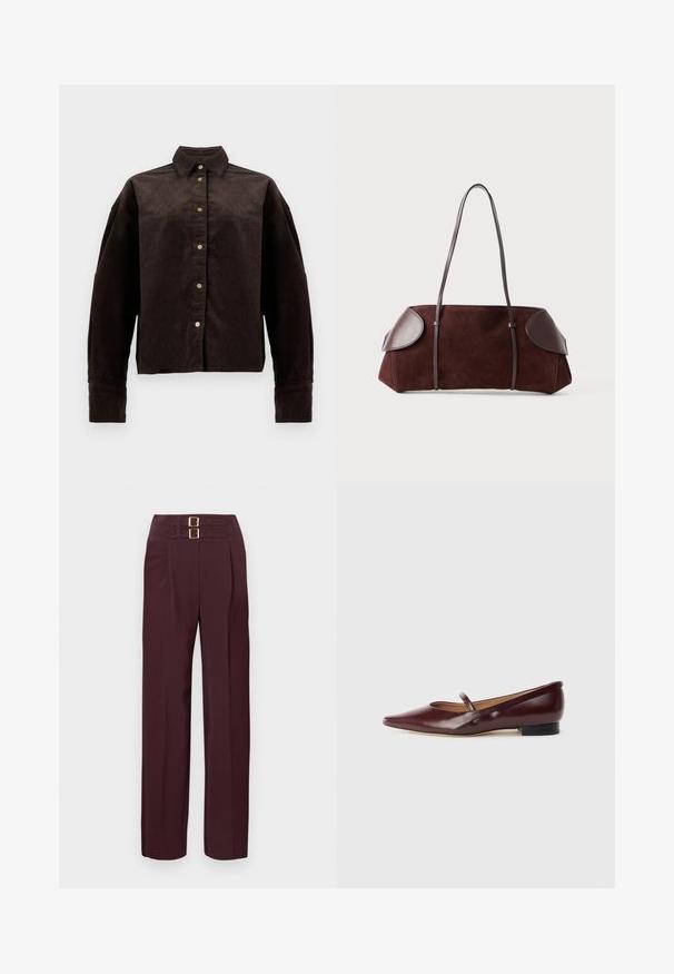 Brun fløjlsskjorte med krave, frontknapper og lange ærmer. Har et struktureret stof og en let oversized pasform.; Højtaljede mørk bordeauxbukser med to gyldne spænder øverst og et lige ben fit.; Burgundyrød patenteret lædersko med spids tå og en dekorativ rem over vristen. Har en lav sort hæl.; Brun ruskinds taske med læderdetaljer, struktureret form, dobbelte skulderstropper og afrundede kanter, som har en glat tekstur og minimal hardware.