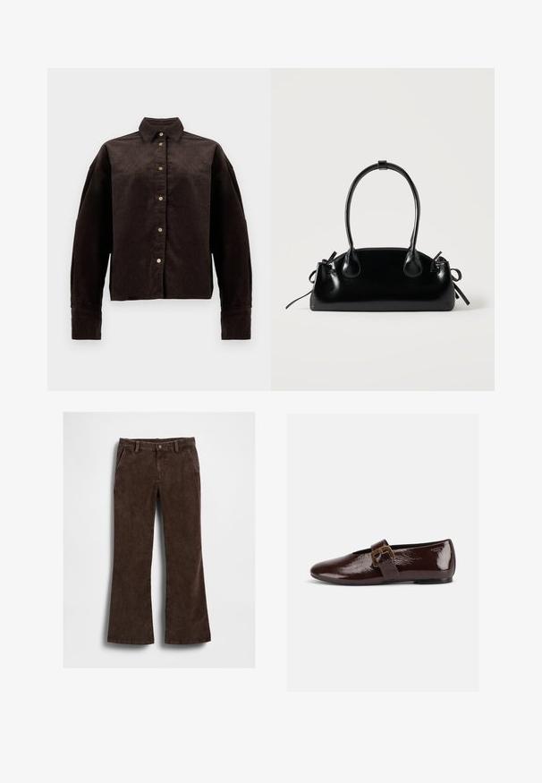 Camisa de pana marrón con cuello de camisa, botones en la parte frontal y mangas largas. Presenta una tela texturizada y un ajuste ligeramente oversize.; Pantalones acampanados de pana marrón con una textura suave, con bolsillos frontales y cierre con un solo botón en la cintura.; Zapato plano de charol marrón oscuro con una gran hebilla dorada y puntera redondeada, mostrado de perfil sobre un fondo blanco.; Pequeño bolso negro brillante con dos asas largas y detalles de cordón lateral sobre un fondo claro liso.