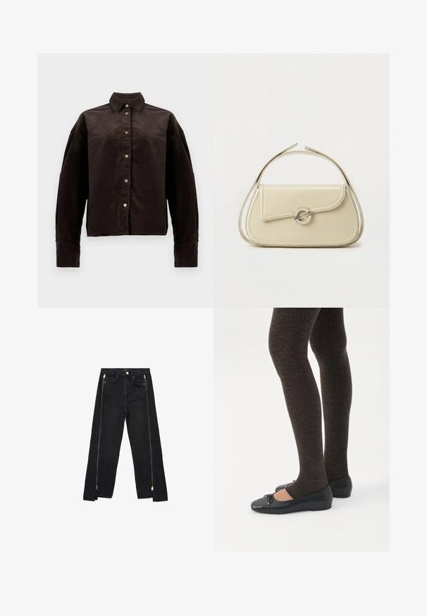 Brun fløjlsskjorte med krave, frontknapper og lange ærmer. Har et struktureret stof og en let oversized pasform.; Sorte denimjeans med lige ben-design, der har guld lynlåse langs siderne og almindelige lommer ved taljen.; Ben iført mørke ribbede leggings kombineret med sorte balletsko med små sløjfedetaljer på hvid baggrund.; Cremefarvet læderhåndtaske med buet klap, cirkulært sølvspænde og kort topstrop på en ens hvid baggrund.