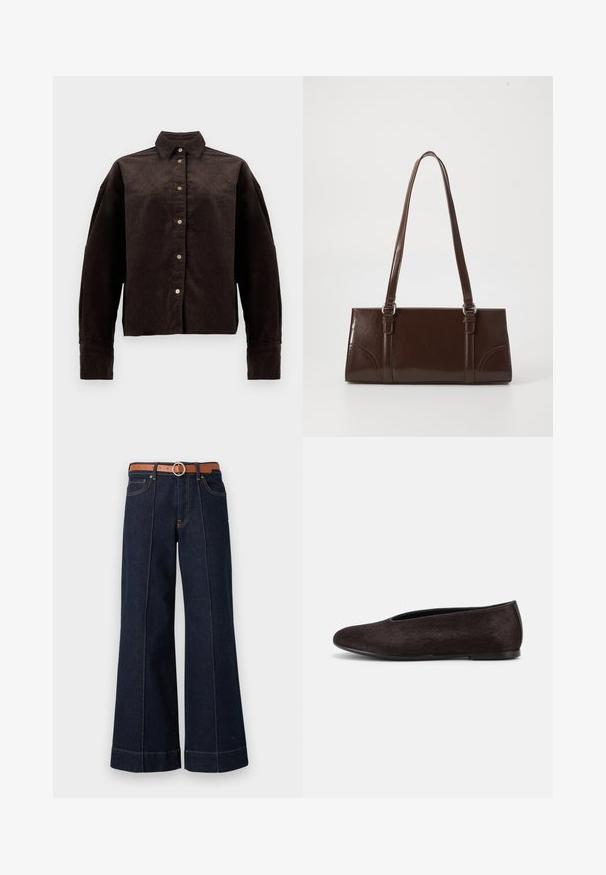 Bruine corduroy overhemd met een kraag, knopen aan de voorkant en lange mouwen. Heeft een gestructureerde stof en een iets oversized pasvorm.; Donkerblauwe denim wijde pijpen jeans met een hoge taille, een brown riem en zichtbare stikseldetails. Bevat voorzakken en heeft een relaxed fit.; Zwarte platte schoen met een afgeronde neus en lage hak, met een glad, licht getextureerd oppervlak en een eenvoudig instapmodel.; Bruine lakleren handtas met een rechthoekige vorm, twee lange handvatten en subtiele gebogen accenten aan de voorkant.