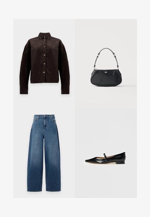 Brun fløjlsskjorte med krave, frontknapper og lange ærmer. Har et struktureret stof og en let oversized pasform.; Bredde ben jeans lavet af mørkeblå denim. Har høj talje, fem lommer og lukning med knap foroven. Let slidt tekstur i hele stoffet.; Sorte patenterede læder Mary Jane flade sko med spids tå, én rem og lav hæl på ensfarvet baggrund.; Sort skuldertaske med justerbar rem, lynlås og lille sølv krokodille logo foran i midten.