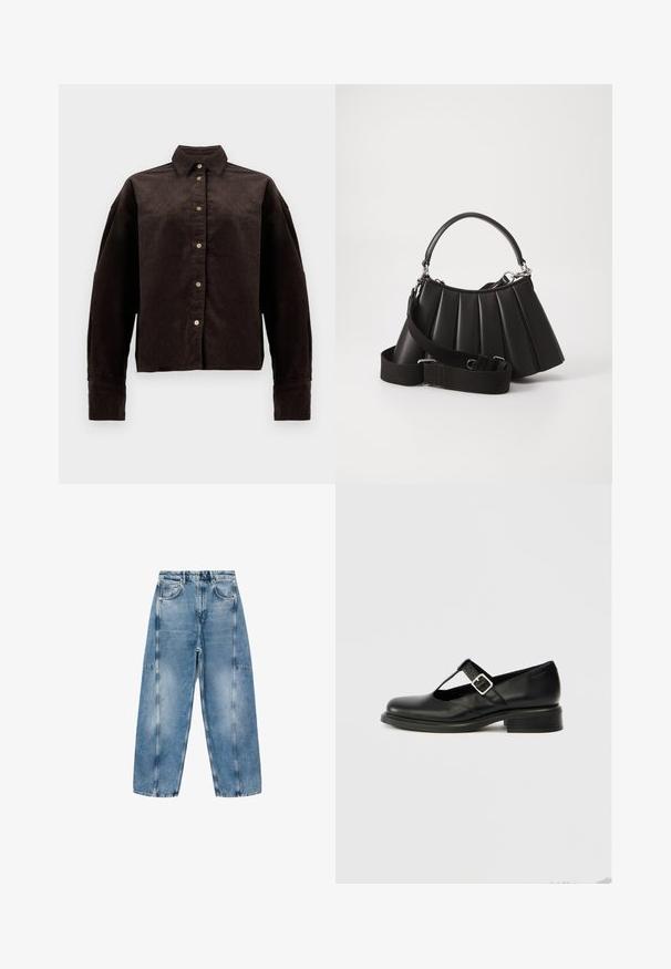 Brun fløjlsskjorte med krave, frontknapper og lange ærmer. Har et struktureret stof og en let oversized pasform.; Lysblå denim jeans har en afslappet pasform, store lommer og kontrasterende syninger. Stoffet har en falmet finish med en glat overflade.; Sort Mary Jane-sko i læder med rund tå, T-remdesign, justerbar spænde og lav stablet hæl. Glat tekstur med minimal detaljering.; Sort plisseret handbag med et rundet håndtag, justerbar rem og blank overflade. Har sølvfarvet hardware og en struktureret silhuet.