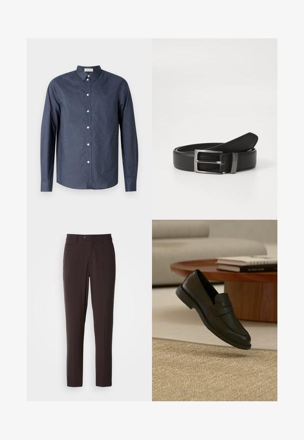 Chemise boutonnée à manches longues bleu marine en tissu lisse ; elle présente un col classique, des boutons blancs et un ourlet incurvé.; Pantalon marron foncé ajusté en tissu lisse, avec devant plat, poches latérales et fermeture par bouton. Coupe droite, sans motif apparent.; Chaussure mocassin en cuir noir présentée en suspension au-dessus d'un tapis beige tissé, avec une table en bois et des livres empilés dans un salon doucement éclairé.; Ceinture en cuir noir avec une boucle en métal argenté, présentant une finition lisse et un design classique. La ceinture est soigneusement pliée.
