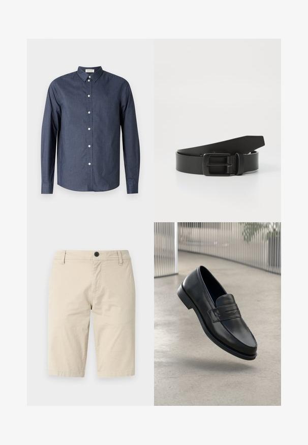 Mørkeblå langærmet skjorte med knaplukning lavet af glat stof; har en klassisk krave, hvide knapper og en buet kant.; Beige shorts lavet af let væv, med en flad front, en enkelt knaplukning og to sidelommer; glat tekstur.; Sort lædersko med glat tekstur, spids tå og en dekorativ rem over vristen. Letvægts sål, minimalistisk design.; Sort læderbælte med spænde i mat sort metal, der har en glat tekstur og enkelt design. Justerbar længde med en tilspidset ende.