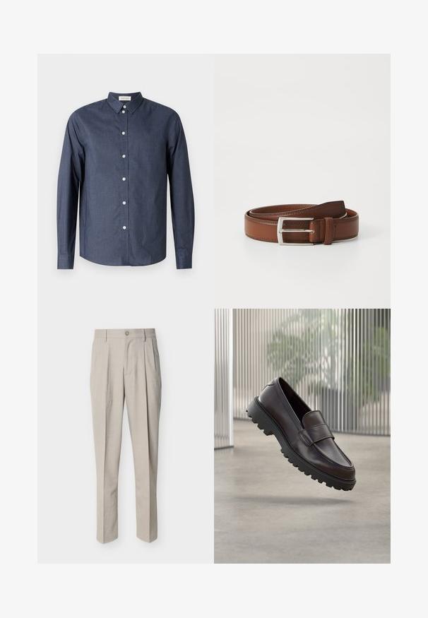 Chemise boutonnée à manches longues bleu marine en tissu lisse ; elle présente un col classique, des boutons blancs et un ourlet incurvé.; Pantalon beige pour hommes, coupe ajustée, avec plis devant, passants pour ceinture, fermeture à bouton, et coupe droite, présenté sur fond blanc.; Chaussure à enfiler en cuir marron avec un bout rond et une semelle en caoutchouc noire robuste. Présente une bride décorative traversant le coup de pied.; Ceinture en cuir brun au fini lisse, avec une boucle en métal argenté et une couture subtile le long des bords. Design classique et durable.