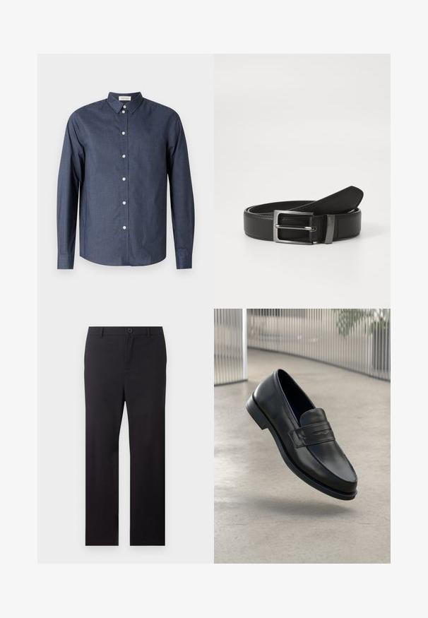 Chemise boutonnée à manches longues bleu marine en tissu lisse ; elle présente un col classique, des boutons blancs et un ourlet incurvé.; Pantalon noir droit avec passants de ceinture et fermeture à bouton sur le devant, sur fond blanc.; Mocassin en cuir noir à texture lisse, bout pointu et bande décorative sur le cou-de-pied. Semelle légère, design minimaliste.; Ceinture en cuir noir avec une boucle en métal argenté, présentant une finition lisse et un design classique. La ceinture est soigneusement pliée.