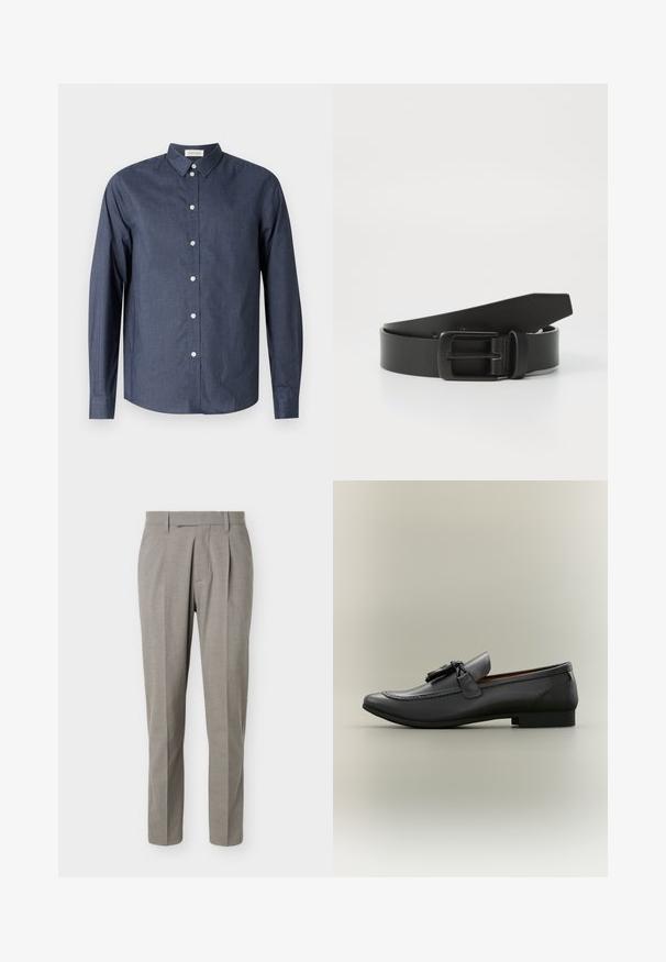 Chemise boutonnée à manches longues bleu marine en tissu lisse ; elle présente un col classique, des boutons blancs et un ourlet incurvé.; Pantalon gris clair sur mesure à jambes droites, passants pour ceinture, plis avant et taille nette sur fond blanc.; Mocassin en cuir noir avec un bout arrondi, un gland décoratif et des détails cousus. Talon plat avec un profil élégant et une texture lisse.; Ceinture en cuir noir avec une boucle en métal noir mat, présentant une texture lisse et un design simple. Longueur réglable avec une extrémité effilée.