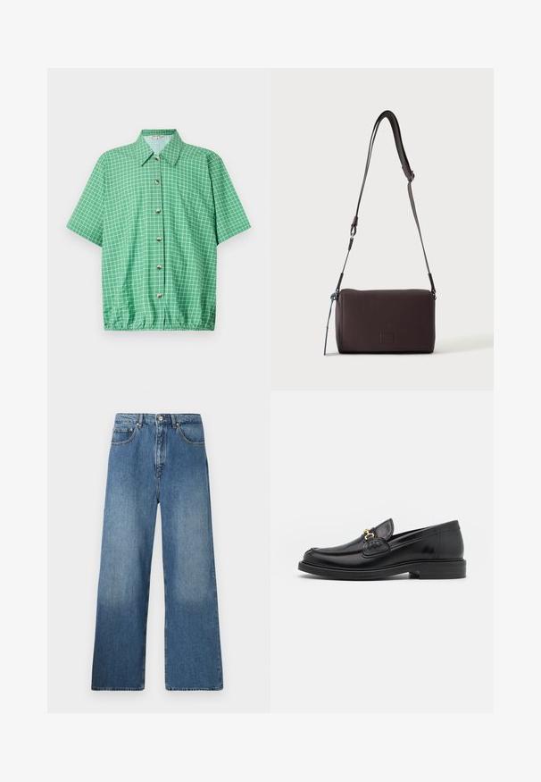 Camisa verde de manga corta con un patrón de cuadrícula, que cuenta con una parte delantera con botones, cuello y un dobladillo inferior elástico para un ajuste relajado.; Jeans de denim azul de pernera ancha con un diseño clásico de cinco bolsillos, cierre frontal con botón y un ligero desgastado para dar textura.; Mocasines de cuero negro con punta redondeada, que cuentan con un detalle de herrajes dorados y costuras, situados sobre una suela de goma texturizada y baja.; Bolso bandolera de cuero marrón oscuro con textura, correa ajustable y pequeño adorno decorativo azul en el lateral.