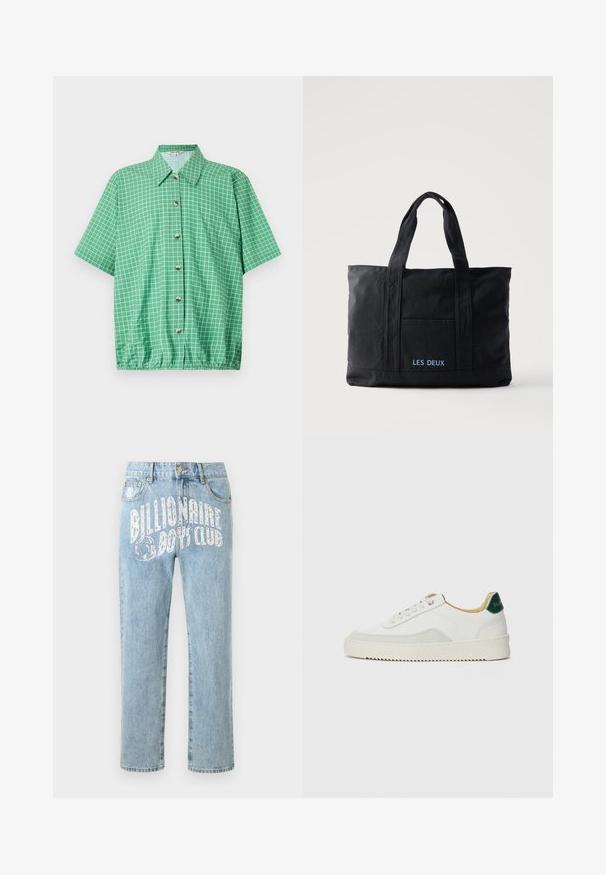Camisa verde de manga corta con un patrón de cuadrícula, que cuenta con una parte delantera con botones, cuello y un dobladillo inferior elástico para un ajuste relajado.; Vaqueros de mezclilla azul claro con un corte relajado, con el logo "Billionaire Boys Club" impreso en blanco en la parte delantera. Diseño clásico de cinco bolsillos.; Zapatilla blanca con acentos de ante, puntera redondeada, cordones planos y suela de goma color crema. Presenta un logo verde en el talón.; Bolsa tote de lona negra con dos asas, bolsillo frontal y "LES DEUX" bordado en azul en el bolsillo delantero.