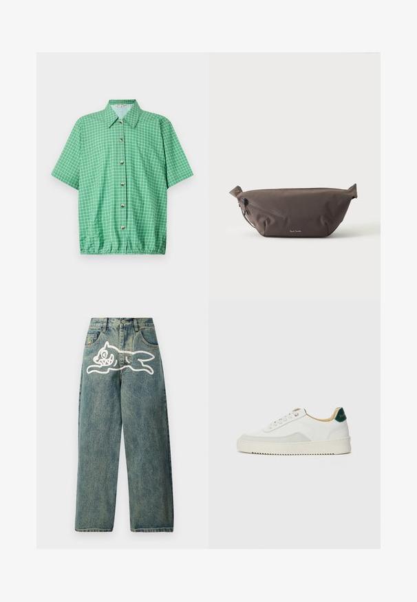Camisa verde de manga corta con un patrón de cuadrícula, que cuenta con una parte delantera con botones, cuello y un dobladillo inferior elástico para un ajuste relajado.; Jeans de mezclilla de color azul claro con un ajuste holgado, que presentan un gran gráfico de un gato blanco en la pierna izquierda y un diseño tradicional de cinco bolsillos.; Zapatilla blanca con acentos de ante, puntera redondeada, cordones planos y suela de goma color crema. Presenta un logo verde en el talón.; Riñonera de tela marrón oscuro con bolsillo diagonal con cremallera y pequeño logo blanco en el frontal, sobre un fondo liso y claro.