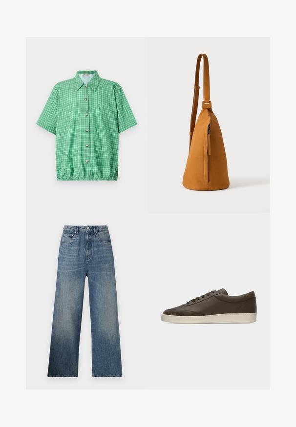Camisa verde de manga corta con un patrón de cuadrícula, que cuenta con una parte delantera con botones, cuello y un dobladillo inferior elástico para un ajuste relajado.; Jeans de mezclilla azul de pierna ancha con cintura alta, que presentan un desgaste sutil, cinco bolsillos y un cierre de botón metálico en la parte delantera.; Zapatilla deportiva de cuero marrón oscuro, de corte bajo, con cierre de cordones y suela de goma color crema, vista desde el lado exterior sobre fondo blanco.; Bolso bandolera de piel color canela con correa ajustable y bolsillo vertical con cremallera, mostrado de lado sobre un fondo claro y liso.
