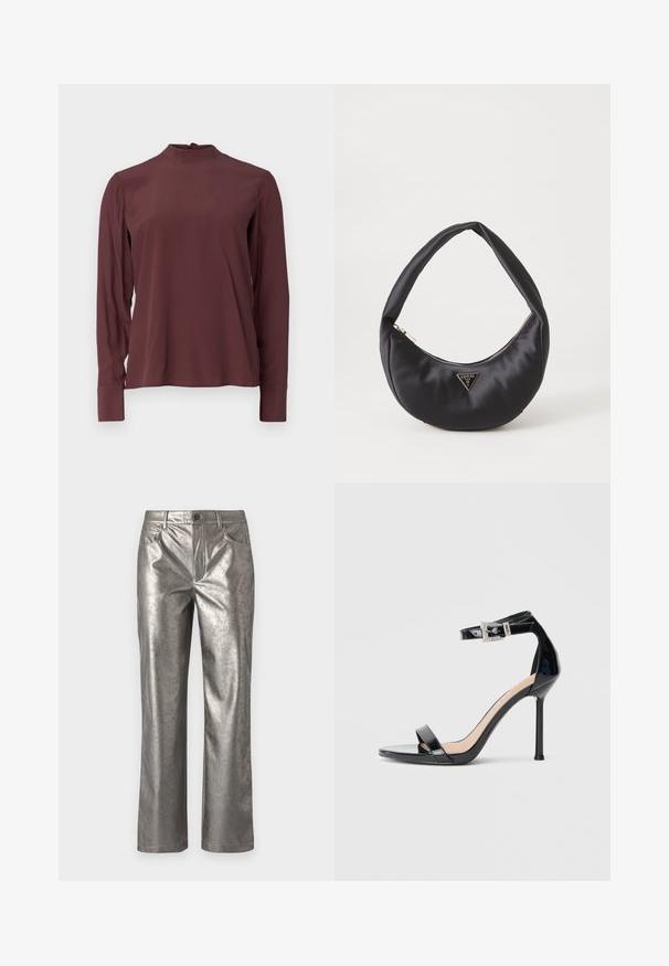 Blouse bordeaux à manches longues avec un col montant, un léger éclat et une fermeture à boutons dans le dos. Tissu lisse et manches ajustées.; Pantalons argent métallisé avec une coupe droite, cinq poches et une fermeture à bouton. Texture lisse avec un léger éclat et un design minimaliste.; Sandale à talon haut en cuir verni noir avec bride à la cheville. Présente un design minimaliste, un bout ouvert et une boucle ornée de strass.; Sac à main en satin noir avec une forme courbée, doté d'une fermeture à glissière et d'un logo triangulaire en métal à l'avant. Texture lisse et design épuré.