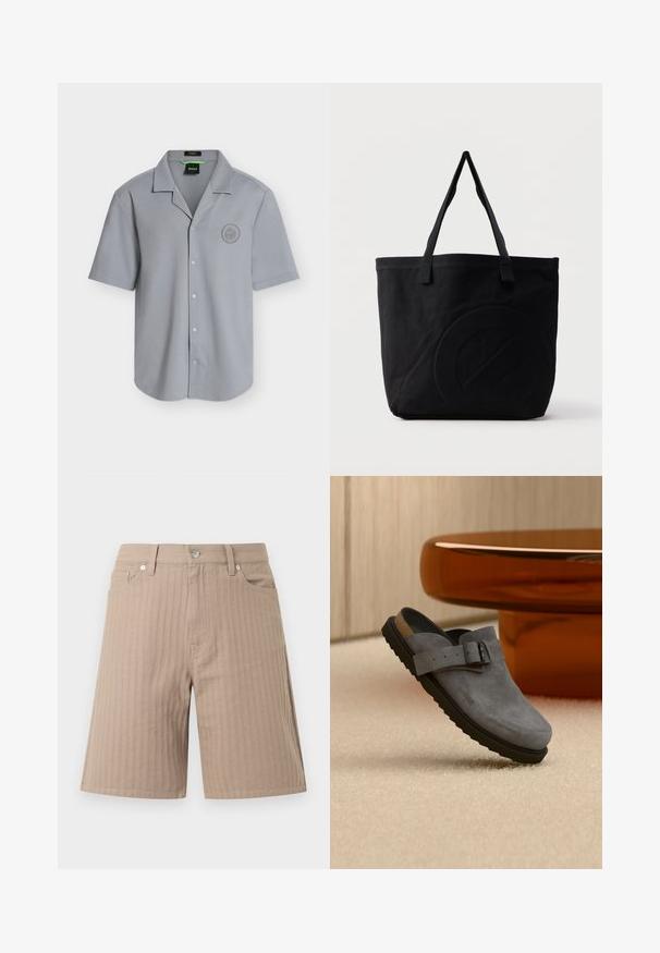Chemise gris clair à manches courtes avec boutons, col camp et logo circulaire discret sur la poitrine gauche.; Shorts beiges en tissu texturé avec des rayures verticales, une ceinture avec un bouton avant et des poches latérales.; Sabot en daim gris à enfiler avec semelle noire et bride réglable à boucle, reposant sur un tapis beige près d'un pied de table arrondi marron.; Sac fourre-tout en toile noire avec deux bandoulières et un motif circulaire discret en relief sur le devant.