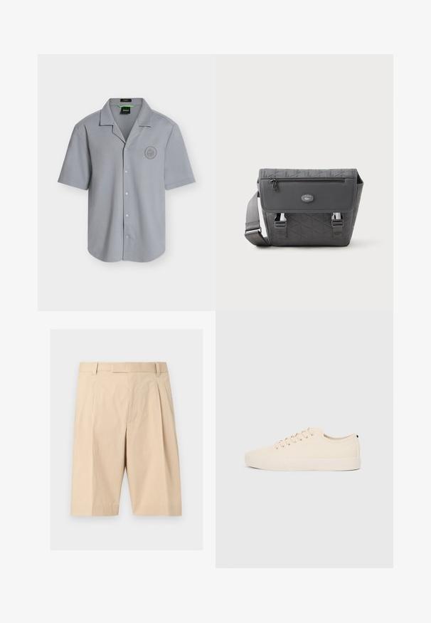 Chemise gris clair à manches courtes avec boutons, col camp et logo circulaire discret sur la poitrine gauche.; Shorts beige mi-long cintrés avec passants pour ceinture, plis à l'avant et fermeture éclair cachée sur le devant.; Baskets en toile beige avec bout arrondi, semelle en caoutchouc plate et lacets à l'avant. Présente un design minimaliste et un accent noir contrastant au niveau du talon.; Sac bandoulière gris Lacoste avec motif géométrique, rabat avant avec poche zippée, fermetures à boucle en métal et bandoulière réglable.