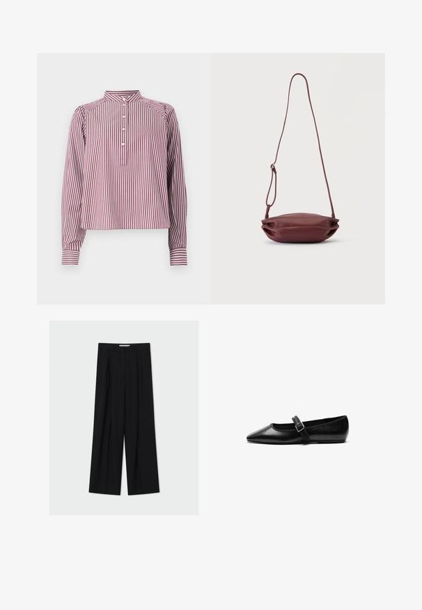Camisa de manga larga con rayas verticales blancas y burdeos, cuello mao, cuatro botones blancos en la tapeta delantera y puños con botón.; Pantalones negros de tiro alto y pierna ancha con trabillas y pliegues frontales, mostrados sobre un fondo gris claro.; Zapato plano negro de cuero con punta afilada, correa ajustable con hebilla de metal, textura suave y diseño minimalista.; Pequeño bolso bandolera de cuero granate con correa delgada ajustable, mostrado plano sobre un fondo blanco.