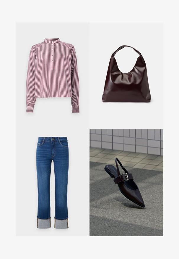 Langschouderhemd met verticale witte en bordeauxrode strepen, mandarin kraag, vier witte knopen op de voorste placket en knoopmanchetten.; Blauwe denim jeans met een rechte pijp, voorzien van opgerolde manchetten in lichtgrijs. Middenhoogte taille en traditionele vijf-pocketdesign.; Donkerbruine platte slingback schoen met puntige neus, brede band en grote zilveren gesp, op asfalt bij een betegelde muur.; Bordeaux, glanzende vegan leren totebag met een zachte, sculpturale vorm en een brede, gebogen handgreep voor makkelijk dragen.