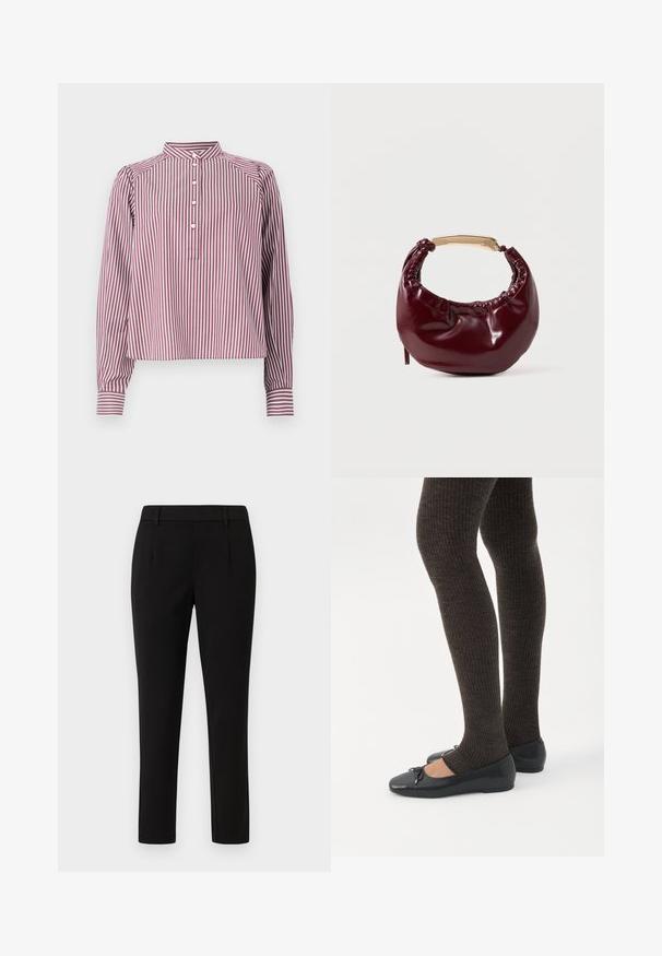 Camisa de manga larga con rayas verticales blancas y burdeos, cuello mao, cuatro botones blancos en la tapeta delantera y puños con botón.; Pantalones negros ajustados con un diseño de pierna recta, confeccionados en tejido suave. Cuentan con una parte delantera plana, presillas para cinturón y sin bolsillos.; Piernas con leggings oscuros acanalados combinados con bailarinas negras que presentan pequeños detalles de lazo sobre un fondo blanco.; Bolso de mano de piel sintética burdeos con forma redondeada, detalles fruncidos y un asa de metal dorado. Textura suave y acabado brillante.
