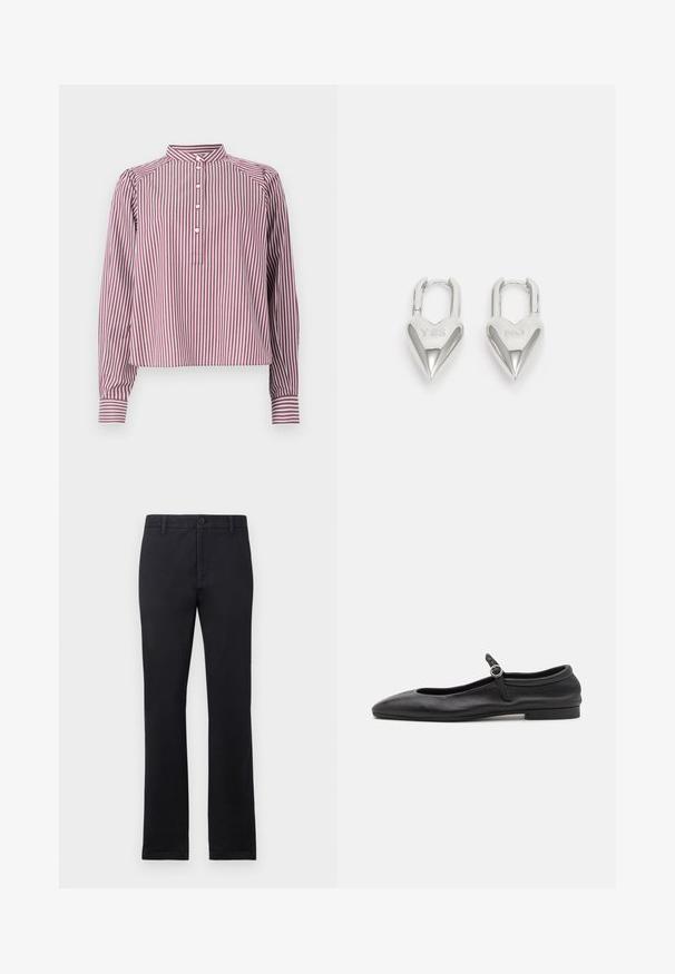 Camisa de manga larga con rayas verticales blancas y burdeos, cuello mao, cuatro botones blancos en la tapeta delantera y puños con botón.; Pantalones negros de pierna recta con presillas, botón frontal y cierre de cremallera, mostrados sobre un fondo blanco liso.; Bailarinas de cuero negro con punta redonda, escote estrecho y una pequeña correa en el tobillo con una hebilla circular. Suela baja y plana.; Candados en forma de corazón de plata con inscripciones grabadas de "SÍ" y "NO", acabado pulido, diseño simétrico y un robusto cierre de metal.