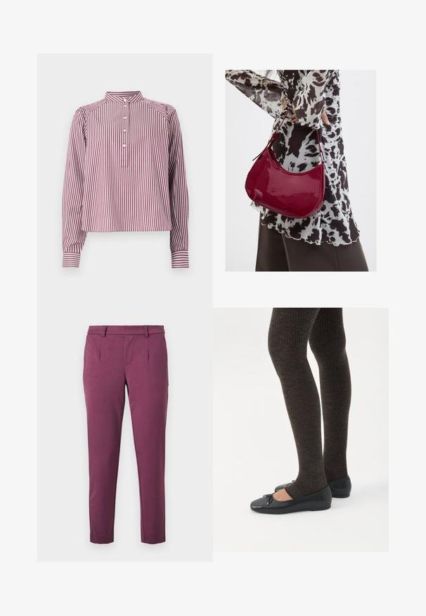 Camisa de manga larga con rayas verticales blancas y burdeos, cuello mao, cuatro botones blancos en la tapeta delantera y puños con botón.; Pantalones rectos de color ciruela con pasadores para cinturón, bolsillos laterales y una cintura ajustada sobre un fondo blanco.; Piernas con leggings oscuros acanalados combinados con bailarinas negras que presentan pequeños detalles de lazo sobre un fondo blanco.; Mujer con blusa de estampado en blanco y negro sosteniendo un bolso de hombro rojo brillante sobre un fondo liso.