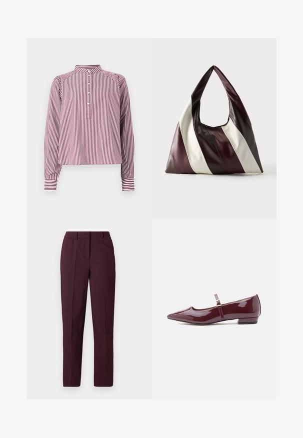 Camisa de manga larga con rayas verticales blancas y burdeos, cuello mao, cuatro botones blancos en la tapeta delantera y puños con botón.; Pantalones rectos color burdeos con una textura suave, con frente plano y sin bolsillos visibles. Diseño confeccionado con un corte clásico.; Mocasines Mary Jane de charol burdeos brillante con punta afilada, tacón plano y una correa con un pequeño detalle de hebilla.; Bolso grande de cuero triangular con amplias rayas diagonales en colores marrón oscuro, burdeos y crema sobre un fondo liso.