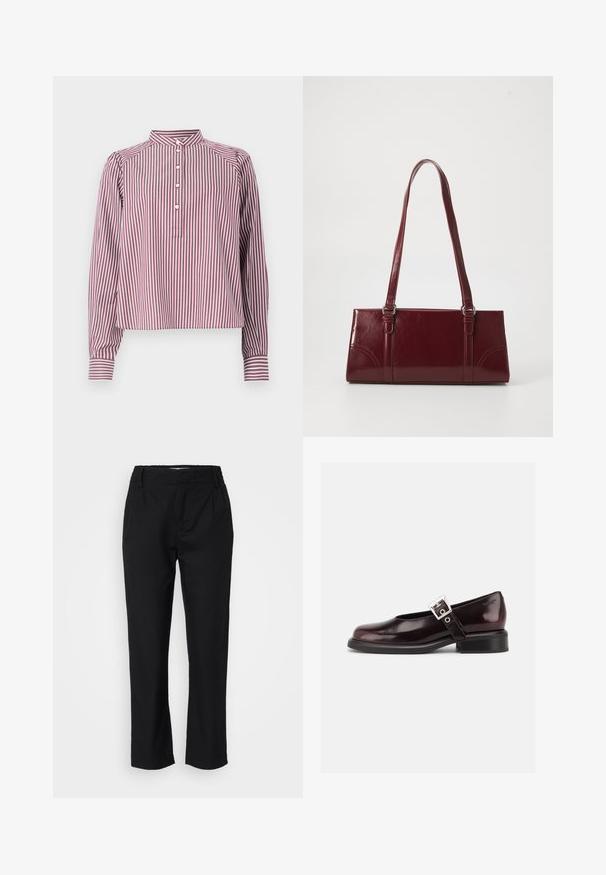 Camisa de manga larga con rayas verticales blancas y burdeos, cuello mao, cuatro botones blancos en la tapeta delantera y puños con botón.; Pantalones negros de tela suave, con corte recto, pliegues en la parte frontal y una cinturilla elástica para mayor comodidad. Sin hardware visible.; Zapato único Mary Jane brillante de color burdeos oscuro con correa ancha y hebilla plateada, tacón bloque bajo y punta redondeada sobre fondo blanco.; Bolso burdeos hecho de material brillante, de forma rectangular, con dos asas para el hombro y sutiles acentos curvados en la parte frontal.