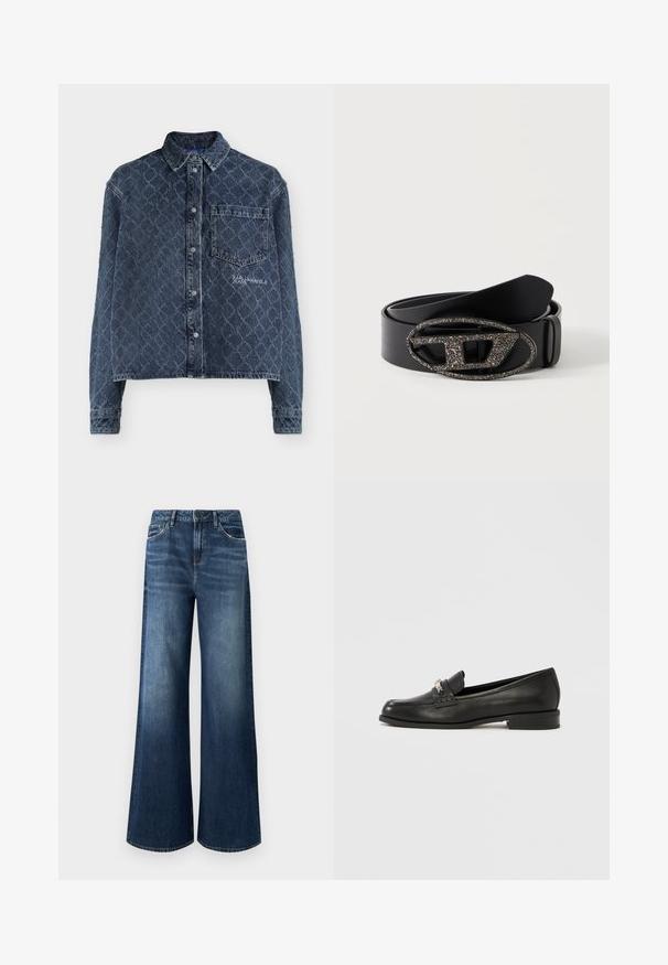 Σκούρο μπλε denim μπουφάν με διακριτικό μοτίβο διαμαντιού σε όλη την επιφάνεια, μπροστινά κουμπιά με σούστα, τσεπάκι στο στήθος και κείμενο "KARL LAGERFELD JEANS" στο τσεπάκι.; Τζιν με φαρδιά μπατζάκια σε σκούρο μπλε ντένιμ, με ψηλή μέση, σχεδιασμό με πέντε τσέπες και διακριτική ξεθώριαση με ομαλή υφή.; Μαύρο δερμάτινο μοκασίνι με στρογγυλεμένη μύτη, διακριτικό ραφές και μεταλλική λεπτομέρεια μπροστά. Ίσια σόλα με λεία, γυαλιστερή επιφάνεια.; Μαύρη δερμάτινη ζώνη με μεγάλη οβάλ, γυαλιστερή ασημένια αγκράφα με γεωμετρικές κοπές, παρουσιάζεται τυλιγμένη σε λευκό φόντο.