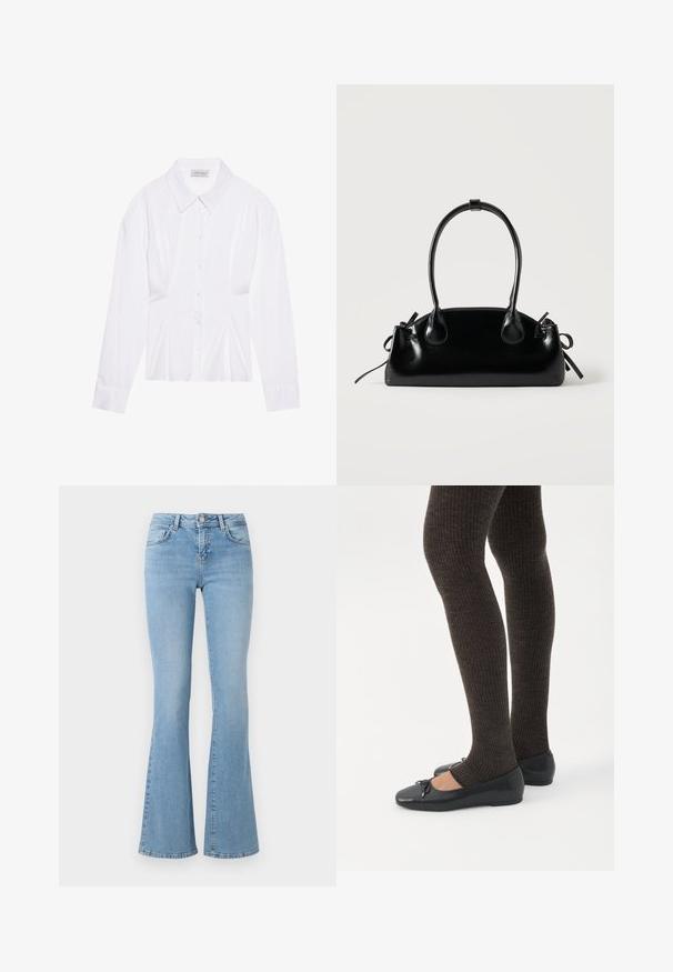 Blouse blanche à manches longues avec un col classique, fermeture à boutons sur le devant et détail froncé sur le côté. Tissu lisse avec une coupe ajustée.; Jean évasé bleu clair à taille haute, fabriqué en denim. Comprend cinq poches et un fermoir à bouton. Texture lisse avec un léger délavage.; Jambes portant des leggings côtelés foncés associés à des ballerines noires avec de petits détails en nœud sur fond blanc.; Petit sac à main noir brillant avec deux longues anses et des détails à cordon sur les côtés sur un fond clair uni.
