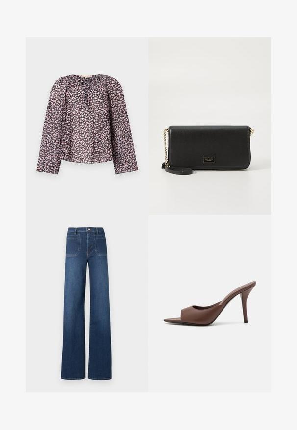 Zwarte doorzichtige blouse met lange mouwen, versierd met een bloemenpatroon van roze en witte bloemen, met een geraffineerde halslijn en een loose fit.; Hoge taille wijd uitlopende jeans in donkerblauw denim, met klassiek ontwerp van vijf zakken, zichtbare stiksels en een ritssluiting met knoop.; Bruine leren open-teen hoge hak muiltjes met een slank ontwerp, voorzien van een brede voorkruistrap en een slanke stiletto hiel.; Zwarte leren clutch met een gestructureerde afwerking, gouden hardware en een afneembare kettingriem. Kenmerkt zich door een merkembleem aan de voorkant.