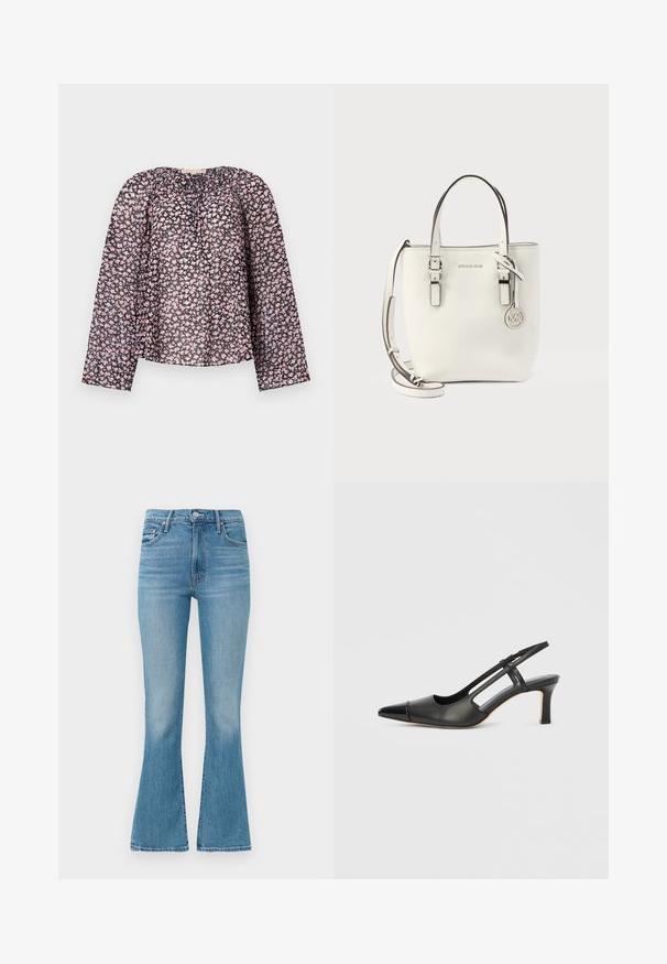 Zwarte doorzichtige blouse met lange mouwen, versierd met een bloemenpatroon van roze en witte bloemen, met een geraffineerde halslijn en een loose fit.; Lichtblauwe flared jeans van denim, met een hoge taille, vijfzakkenontwerp en minimalistische stiksels met een vervaagde afwerking aan de zoom.; Zwarte leren slingback schoen met een puntige neus, voorzien van een glanzend detail op de neuskap en een hak van gemiddelde hoogte. Open zijkant ontwerp.; Witte leren handtas van Michael Kors met dubbele handvatten, verstelbare schouderriem en ronde metalen MK-logo hanger.