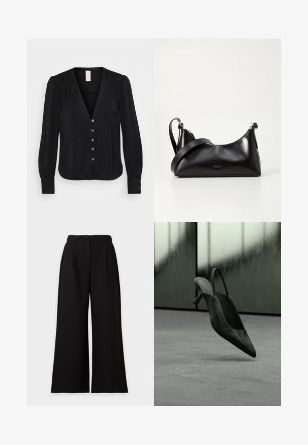Zwarte blouse met lange mouwen en V-hals, voorzien van subtiele plooien, zes decoratieve knopen en aangesloten manchetten. Glad, zacht stoftextuur.; Zwarte broek met hoge taille en wijde pijpen, voorkant met knoop- en ritsluiting, zijzakken en subtiele plooien in de taille.; Zwarte leren slingback pumps met hoge hak en spits toelopende neus zwevend boven een grijs tapijtvloer, wazige groenachtige muur op de achtergrond.; Zwarte leren handtas met een gladde textuur. Beschikt over een verstelbare schouderband en een strak, minimalistisch ontwerp met een ritssluiting.