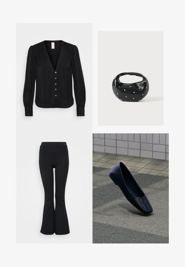 Zwarte blouse met lange mouwen en V-hals, voorzien van subtiele plooien, zes decoratieve knopen en aangesloten manchetten. Glad, zacht stoftextuur.; Zwarte flared leggings van rekbaar materiaal. Beschikt over een hoge tailleband en een gladde textuur. Eindigt in een flared zoom.; Zwarte leren platte schoen staat rechtop op een asfaltoppervlak nabij de rand van een betegeld trottoir.; Zwarte leren handtas met een afgeronde vorm, versierd met zilveren studs, en een korte handgreep. Gladde textuur en ritsluiting.