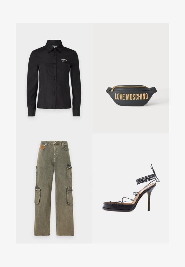 Must kollane särg, mis on sobiva disainiga, pikkae varrukatega ja terava kraega. Omab nööbist avamist ja tikandiga logo rinnal.; Hallituspüksid hallikrohelises denimis, millel on kõrge vöökoht, laiad sääred, kaks külgset cargo taskut ja tekstureeritud beež plekk ees.; Must ülikõrge kontsaga sandaal, millel on õhukesed nahast rihmad, mis mähivad ümber jala ja pahkluude, ning terav stiletokontsa kuju.; Mustast nahast vöökott kuldse tõmblukuga ja suure kullast "LOVE MOSCHINO" kirjaga esi küljele.