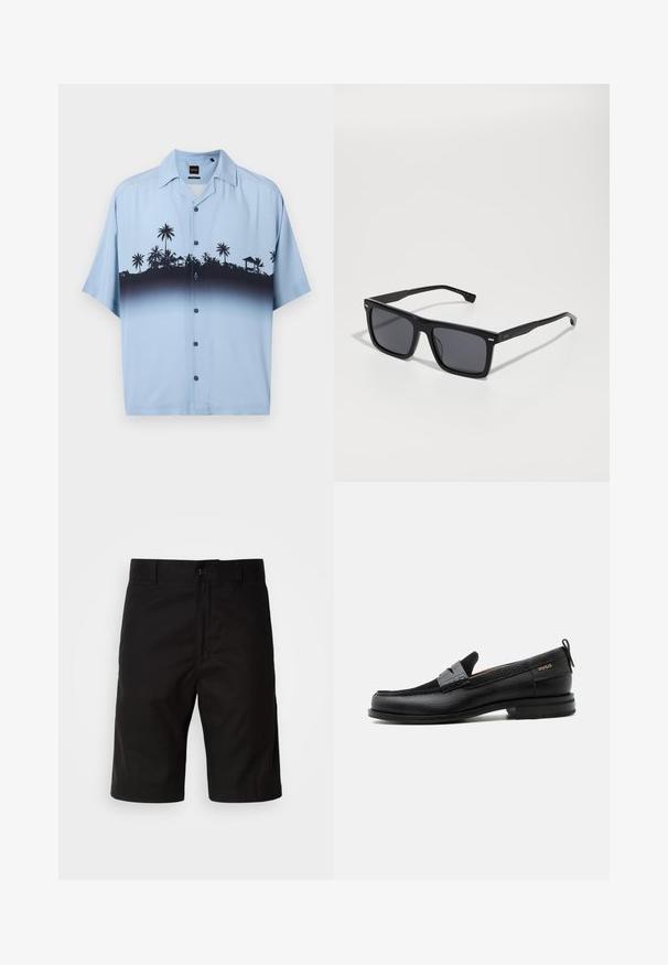 Chemise à manches courtes boutonnée bleu clair avec des silhouettes noires de palmiers et de huttes sur la poitrine et le haut du torse.; Shorts noirs en tissu uni, avec une coupe droite, fermeture à bouton et une texture lisse sans motifs visibles.; Mocassin en cuir noir avec détail de bride grise, talon bas et semelle texturée, marqué "HUGO" en or sur le côté.; Lunettes de soleil carrées noires avec des verres foncés. Fabriquées en plastique, avec des côtés texturés et un design minimaliste. Détails près des charnières.
