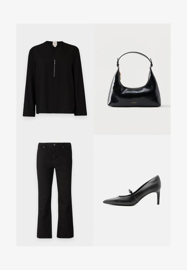 Haut noir à manches longues avec une conception en V, doté d'une fermeture éclair à l'avant et d'une texture lisse. Silhouette simple et ajustée.; Jean noir à jambe droite avec fermeture à bouton et à zip, passants de ceinture, et poches avant et arrière sur fond blanc.; Escarpin noir en cuir à bout pointu avec une fine bride et une boucle sur le cou-de-pied, posé sur un fond clair neutre.; Sac à main Calvin Klein noir brillant avec fermeture éclair dorée et anse courte sur fond blanc uni.