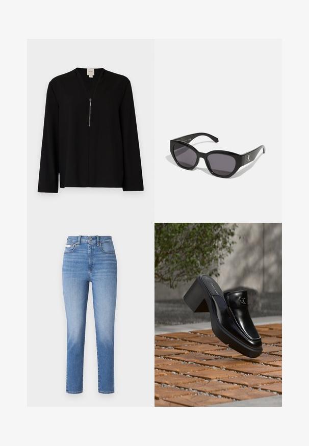 Haut noir à manches longues avec une conception en V, doté d'une fermeture éclair à l'avant et d'une texture lisse. Silhouette simple et ajustée.; Jeans en denim bleu clair avec une taille haute, des jambes droites et des décolorations subtiles. Comprend des passants de ceinture, cinq poches et une fermeture à bouton métallique.; Mule slip-on en cuir noir Calvin Klein avec talon bloc reposant sur des carreaux en bois à l'extérieur près d'une plante verte et d'un mur gris.; Lunettes de soleil noires au design lisse et angulaire, avec des verres foncés et un logo en argent contrastant sur le côté. Texture en plastique lisse.