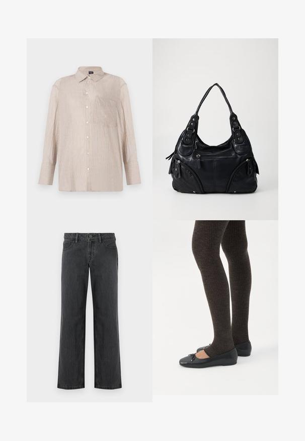 Camisa de botones a rayas en beige con líneas blancas y azules, con cuello y un bolsillo en el pecho; mangas largas con puños abotonados.; Jeans de pierna ancha de color gris oscuro hechos de mezclilla, con una cinturilla estándar, cinco bolsillos y cierre de botón. Textura lisa y costuras uniformes.; Piernas con leggings oscuros acanalados combinados con bailarinas negras que presentan pequeños detalles de lazo sobre un fondo blanco.; Bolso de mano de cuero negro con asas dobles, bolsillos con cremallera en la parte frontal y detalles de remaches metálicos, situado contra un fondo liso claro.