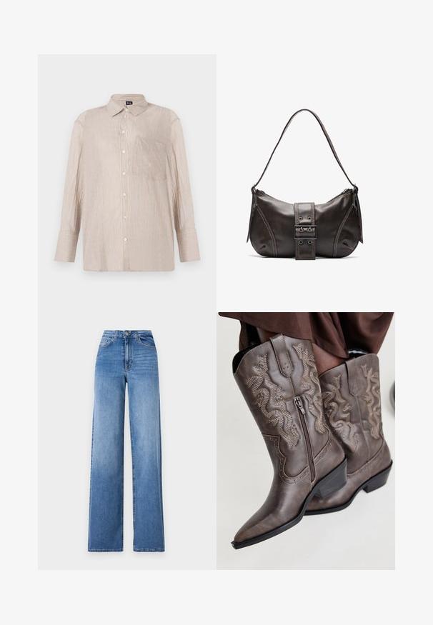 Gestreept overhemd in beige met witte en blauwe lijnen, met een kraag en een borstzak; lange mouwen met knoopsluiting.; Lichtblauwe wijd uitlopende spijkerbroek van denim, met een hoge taille, voorkruiszakken en een standaard knoopsluiting. Gladde textuur.; Bruine leren cowboylaarzen met een spitse neus, zijrits en een textuur van een slang in beige, met decoratieve studs langs de randen.; Bruine leren schoudertas met een gebogen vorm, voorzien van een opvallende gespdetail, contrasterende stiksels en een enkele schouderband.