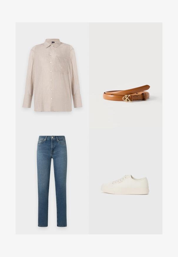 Camisa de botones a rayas en beige con líneas blancas y azules, con cuello y un bolsillo en el pecho; mangas largas con puños abotonados.; Vaqueros de mezclilla azul con un diseño de corte recto, cintura de altura media, sutiles desgastes y el clásico estilo de cinco bolsillos. Detalles minimalistas en general.; Zapatillas de lona color marfil, con un diseño de corte bajo, punta redonda y suela de goma plana con un sutil detalle de costura.; Cinturón delgado de cuero color canela con hebilla dorada "cK", enrollado sobre un fondo blanco.