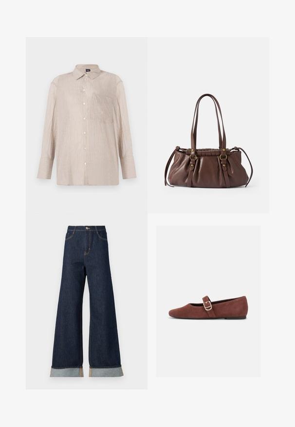 Chemise à rayures beige avec des lignes blanches et bleues, dotée d'un col et d'une poche poitrine ; manches longues avec poignets boutonnés.; Jean en denim foncé à jambes larges avec des coutures orange, présentant une taille haute, deux poches avant et des ourlets retroussés mettant en valeur un tissu contrastant bleu clair.; Chaussure plate Mary Jane en suède marron avec une bride à boucle dorée et une semelle noire sur fond blanc.; Sac à main en cuir brun avec deux longues poignées, design froncé, accents en métal doré et finition texturée.