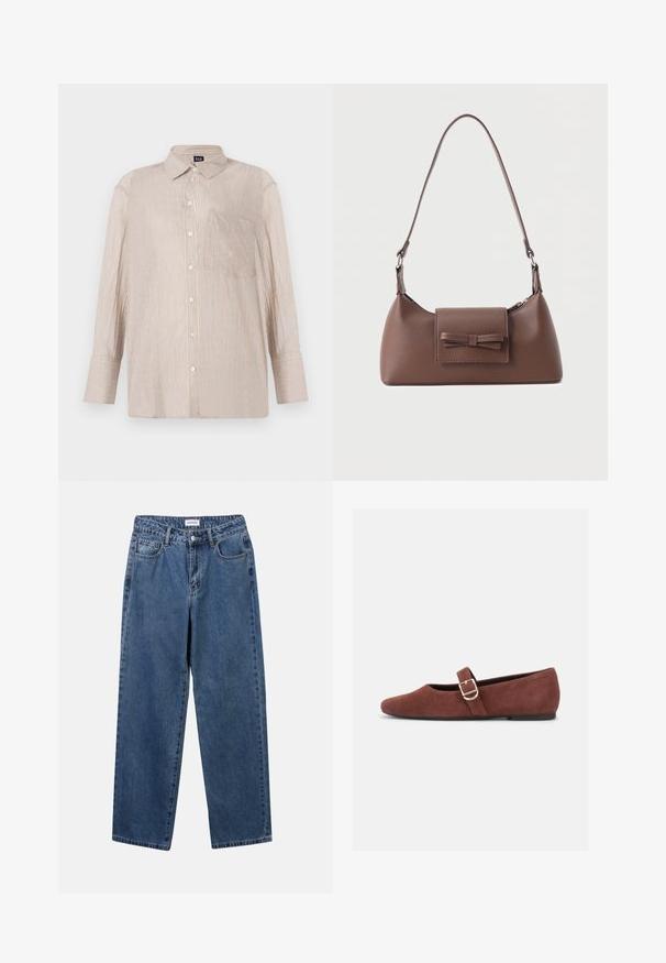 Gestreept overhemd in beige met witte en blauwe lijnen, met een kraag en een borstzak; lange mouwen met knoopsluiting.; Klassieke blauwe denim jeans met een rechte pijp, vijf zakken en een knoopsluiting. Heeft een middelgrote wasbeurt en stevige textuur.; Bruine suède Mary Jane platte schoen met een gouden gespsluiting en zwarte zool op een witte achtergrond.; Bruine leren schoudertas met een voorvak met klep en een gestikte strikdetail en een verstelbare band.
