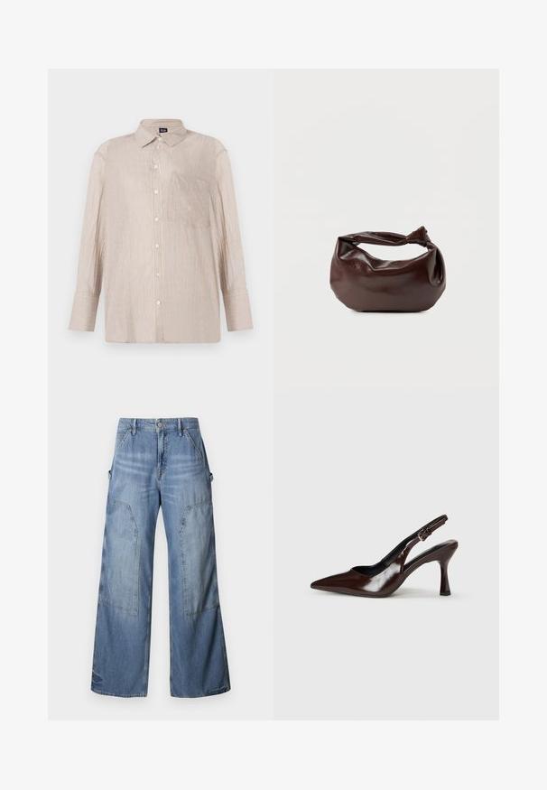 Camisa de botones a rayas en beige con líneas blancas y azules, con cuello y un bolsillo en el pecho; mangas largas con puños abotonados.; Good American GOOD EASE RELAXED - Vaqueros boyfriend - indigo; Zapatos de tacón slingback de charol marrón con punta afilada, tacón delgado y correa ajustable con una pequeña hebilla.; Bolso de hombro de cuero marrón oscuro con una forma suave y caída, y un asa con nudo torcido sobre un fondo blanco liso.