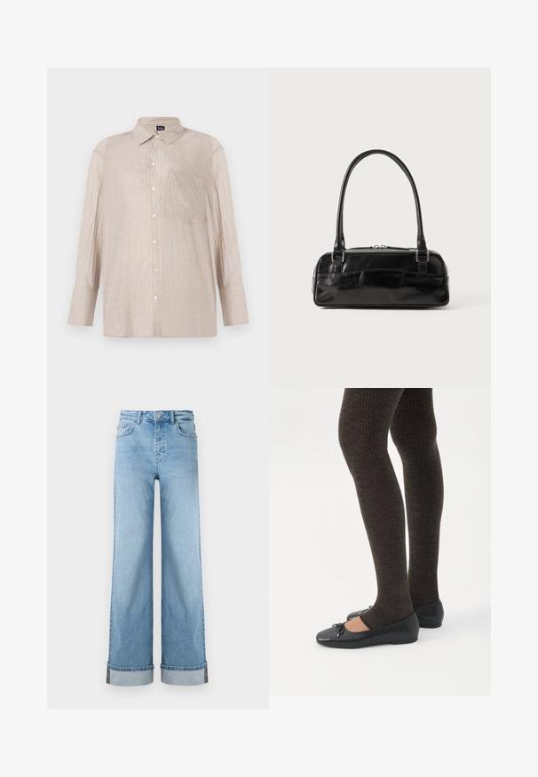 Chemise à rayures beige avec des lignes blanches et bleues, dotée d'un col et d'une poche poitrine ; manches longues avec poignets boutonnés.; Jean large bleu clair en denim classique avec une taille haute, présentant des ourlets retroussés et des coutures visibles.; Jambes portant des leggings côtelés foncés associés à des ballerines noires avec de petits détails en nœud sur fond blanc.; Sac à main en cuir noir de forme rectangulaire, doté d'une seule ansse structurée, de quincaillerie argentée et d'une fermeture éclair. Texture lisse.