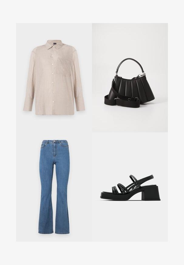 Camisa de botones a rayas en beige con líneas blancas y azules, con cuello y un bolsillo en el pecho; mangas largas con puños abotonados.; Vaqueros de campana azules hechos de denim, con una cintura alta, costuras en contraste y un cierre de botón único en la parte frontal.; Sandalias negras de tacón con múltiples tiras delgadas y un tacón ancho. Diseño elegante con una textura mate. La plantilla tiene una leve curvatura.; Bolso de mano negro con pliegues, manejo redondeado, correa ajustable y textura brillante. Presenta herrajes plateados y una silueta estructurada.