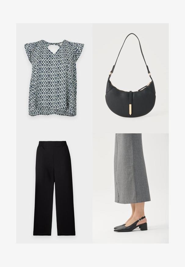 Blouse à motifs bleu marine et blanc avec un décolleté en V et de petites manches courtes ; design géométrique et texture transparente. Détail en forme de clé à l'arrière.; Pantalon large plissé noir avec une taille élastique. Le matériau a une finition texturée. Pas de quincaillerie visible ni de motifs.; Chaussures slingback en cuir noir avec bout pointu, talon bloc et accent de talon rose contrastant. Texture lisse avec un design minimaliste.; Sac à main noir en forme de croissant avec une bandoulière unique, une fermeture éclair dorée et une languette décorative rectangulaire dorée à l'avant.