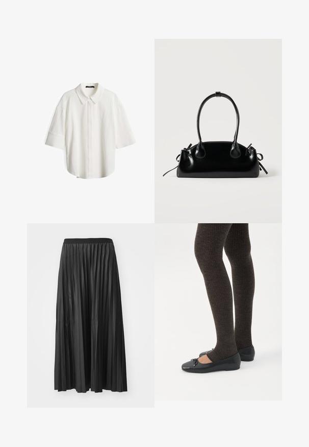 Witte, kortmouwige shirt met een kraag. Gelaagd materiaal met een subtiele kreukeldesign en een relaxte pasvorm. Voorlijn met knoopsluiting.; Zwarte geplisseerde maxi rok met een gladde textuur en een elastische tailleband, met verticale plooien die volume en beweging creëren.; Benen met donkere geribbelde leggings gecombineerd met zwarte ballerina's met kleine strikdetails op een witte achtergrond.; Kleine zwarte glanzende handtas met twee lange hengsels en zijkant trekkoord details op een effen lichte achtergrond.