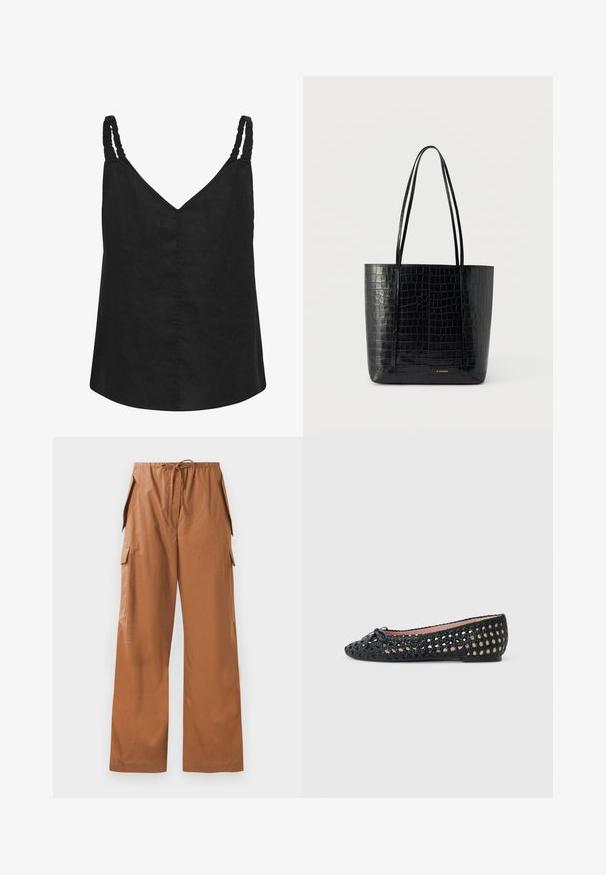 Haut noir sans manches avec col en V et bretelles froncées, en tissu léger.; Pantalons cargo marron à jambes larges en tissu léger, avec une taille élastique et un cordon de serrage ainsi que des poches latérales.; Chaussure plate noire tissée à bout rond, petit nœud à l'avant et semelle intérieure beige, vue de profil sur fond blanc.; Sac cabas noir à texture crocodile avec de longues poignées, debout sur un fond clair uni.